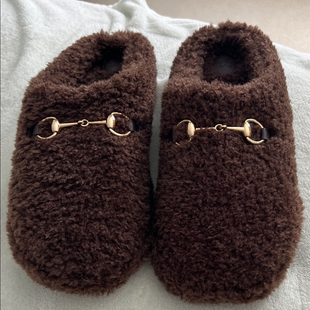 Anthropologie Brown Fuzzy Slippers with Gold Accent